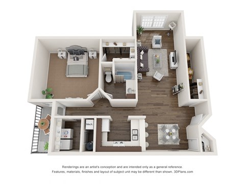 Floor plan for 1 bed, 1 bath, 1092 sqft